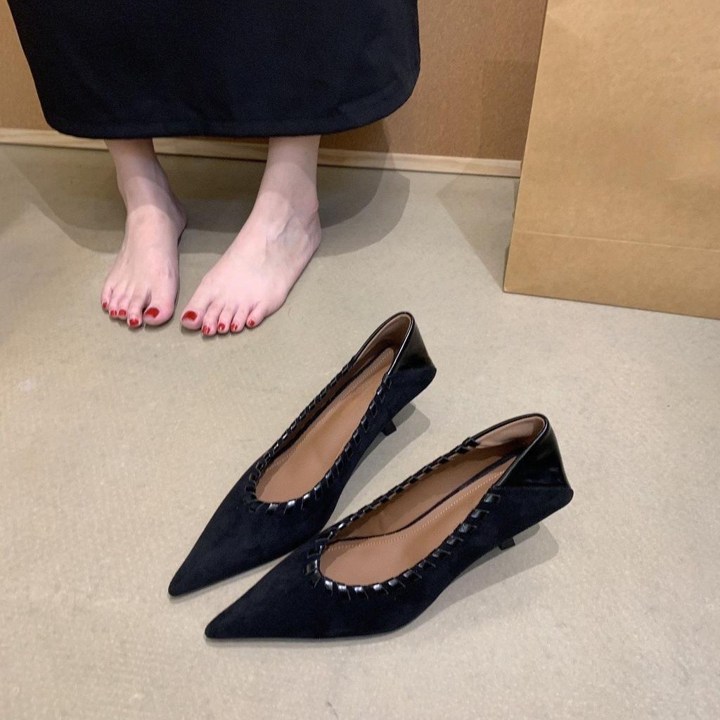 French Pointed Single Shoes Women's Light Mouth Black Matte Flip Fur Stiletto High Heels Medium Heel Commuter Work Shoes