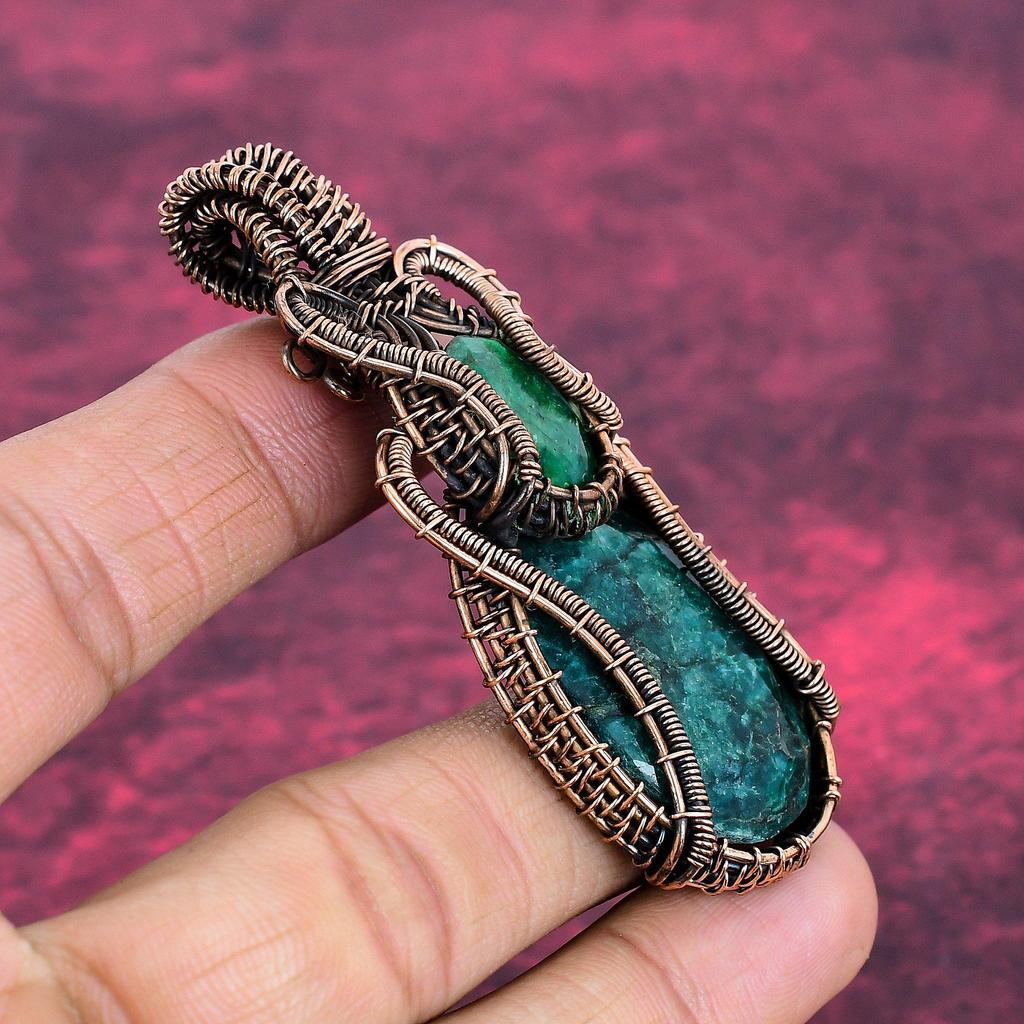 Faceted Zambian Emerald Pendant Copper Wire Wrapped Jewelry Gemstone Pendant