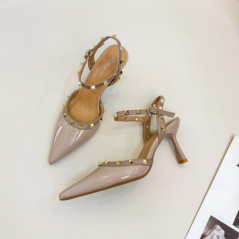 

Rivet one-word strap high heels thin heel sexy 2025 new large size women s shoes summer French bag head empty sandals 42 абрикосовий