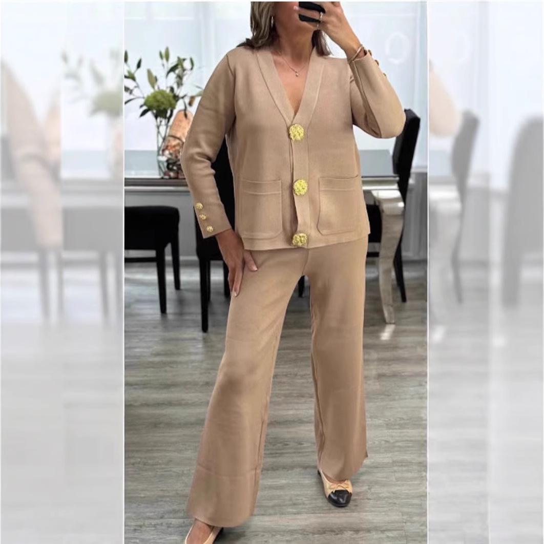 

European Style Women s Knit Cardigan & Wide-Leg Pants Two-Piece Set One Size