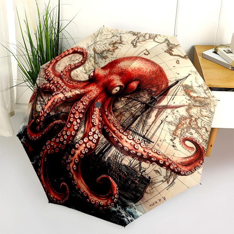 Ship Octopus pattern, automatic folding umbrella, portable and foldable design, 8 ribs, a Christmas or birthday gift.