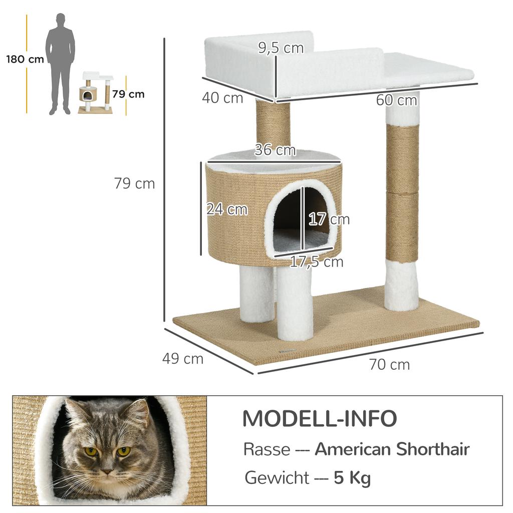 Scratching Post Cat Tree Cat Cave, 1 Cat Cave, 1 Lying Area, 70 cm x 49 cm x 79 cm, Natural + White