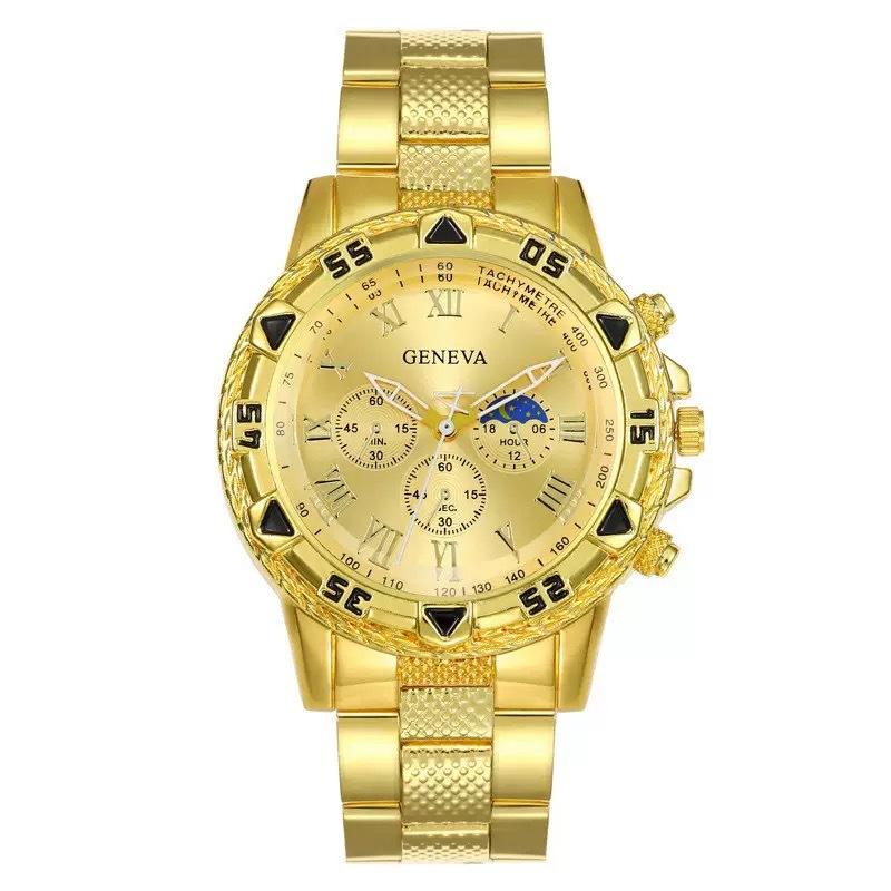 Men S Fashion Gold Large Dial Sun Pattern Roman Surface Business Atmosphere Steel Belt Quartz Watch золотой