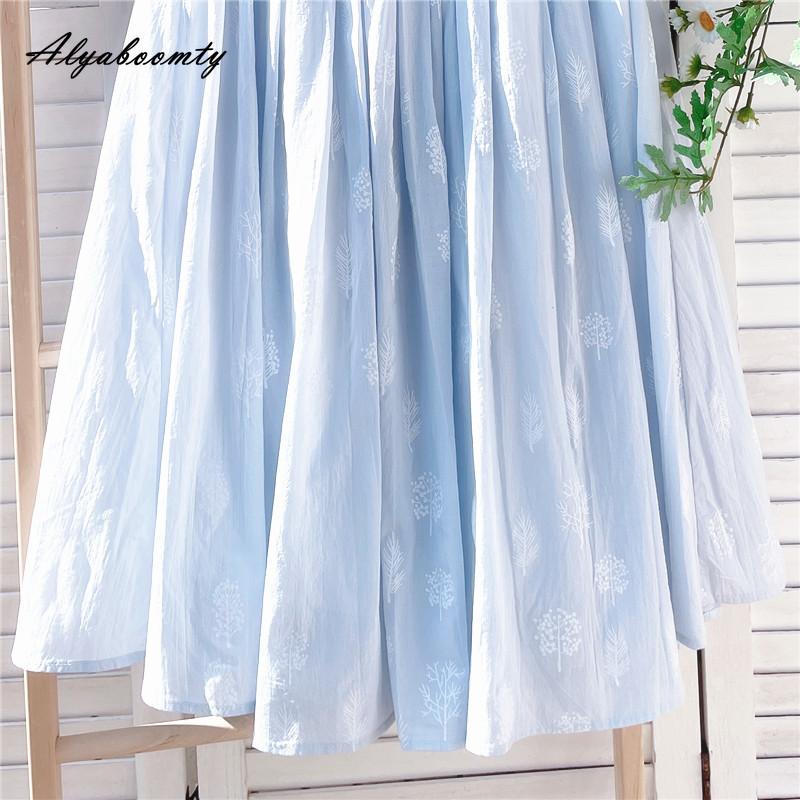 Japanese Mori Girl Summer Women Blue A-Line Skirt High Waist Floral Cotton Elegant Skirts Womens