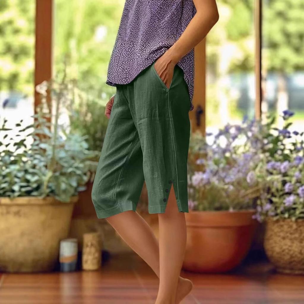 Women's Linen Blend Casual Capri Pants Elastic Waist Cropped Trousers with Side Buttons