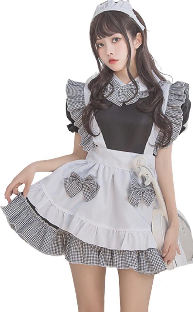 Damen Faul Lolita Dienstmädchen Cosplay Kurzes Kleid über dem Karomuster, Ärmel, Schürze, Knie, Mini, Grau, (Klein)