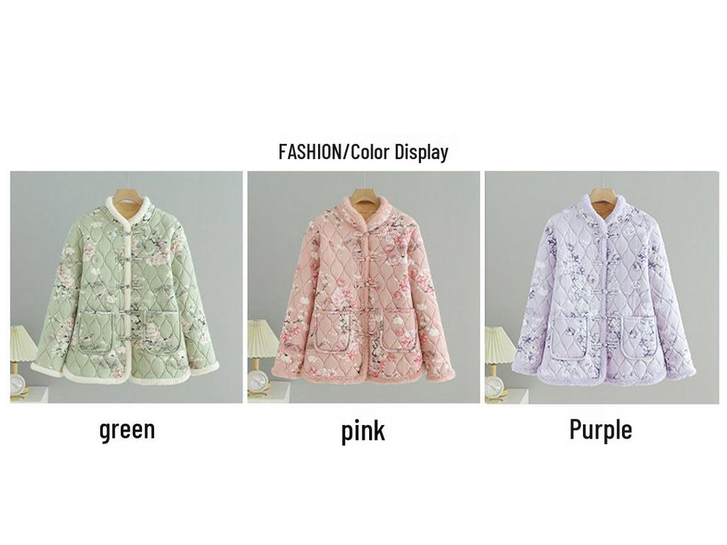 Women's Stand Collar Floral Padded Jacket - Chinese Style Winter Coat with Retro Frog Buttons and Ethnic Design, Plus Velvet for Warmth.