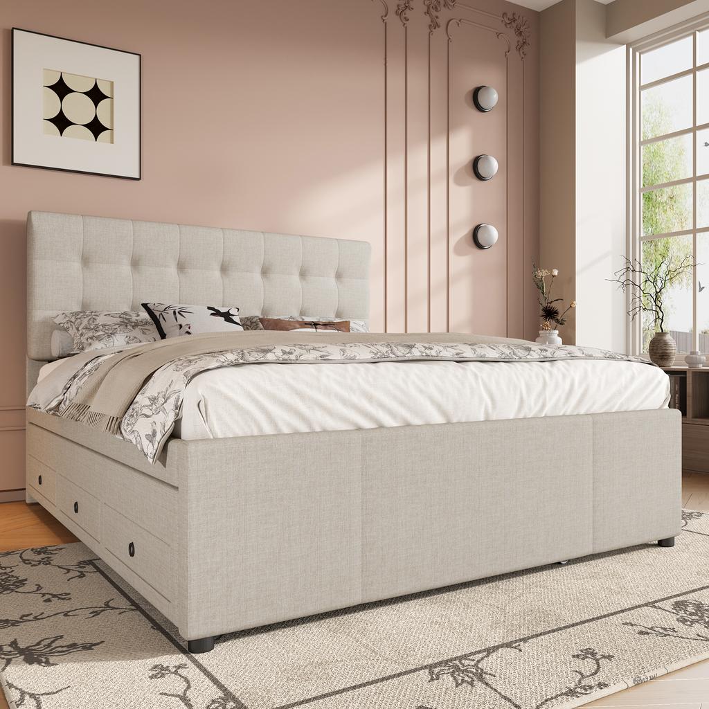 (=WX000502AAA) Polsterbett, 140x200cm, Doppelbett mit drei Schubladen, Ausziehbett, Verstellbares Kopfteil, Ohne Matratze, Beige