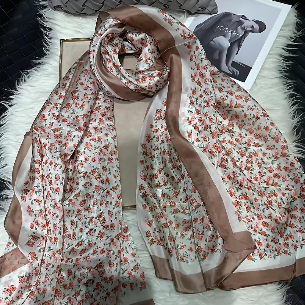 Bysifa|Beige Blue Silk Scarf Shawl Women Floral Print Scarf Cape Fall Winter 100% Mulberry Silk Long Scarves Summer Beach Shawls