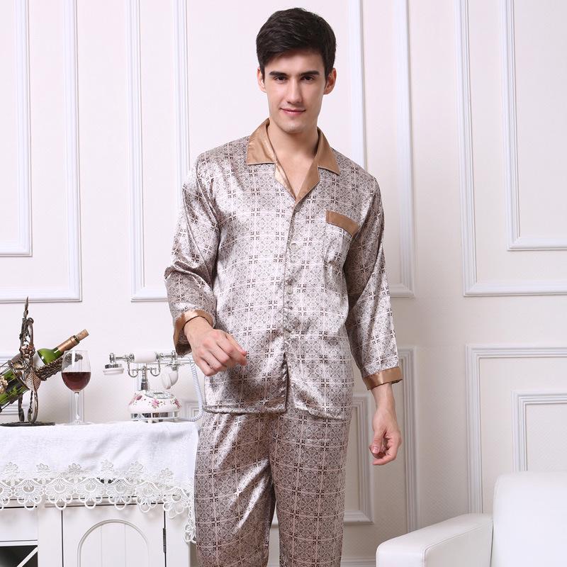 Men's Silk Long Sleeve Pajamas Set: Spring to Autumn, Lightweight, Loose, and Comfortable Homewear.