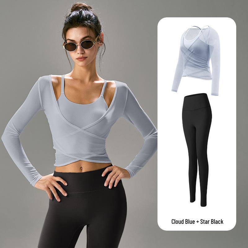 Women's Professional Yoga Set: Long Sleeve, Waist-Cinching, Slimming Two-Piece for Pilates with Chest Pads.