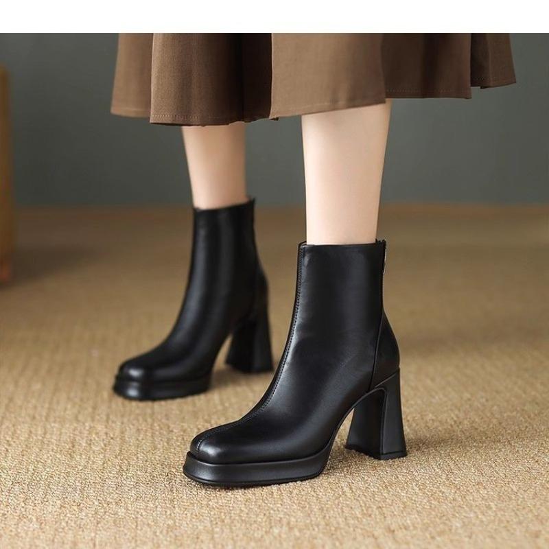 Fashion 2025 New Fall Winter Platform Back Zip Block Heel Booties Brown Vintage Boots