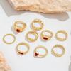 Korean Style 9-Piece Retro Colored Stone Metal Carved Fashionable Geometric Ring Set Suitable for Girls' Jewelry