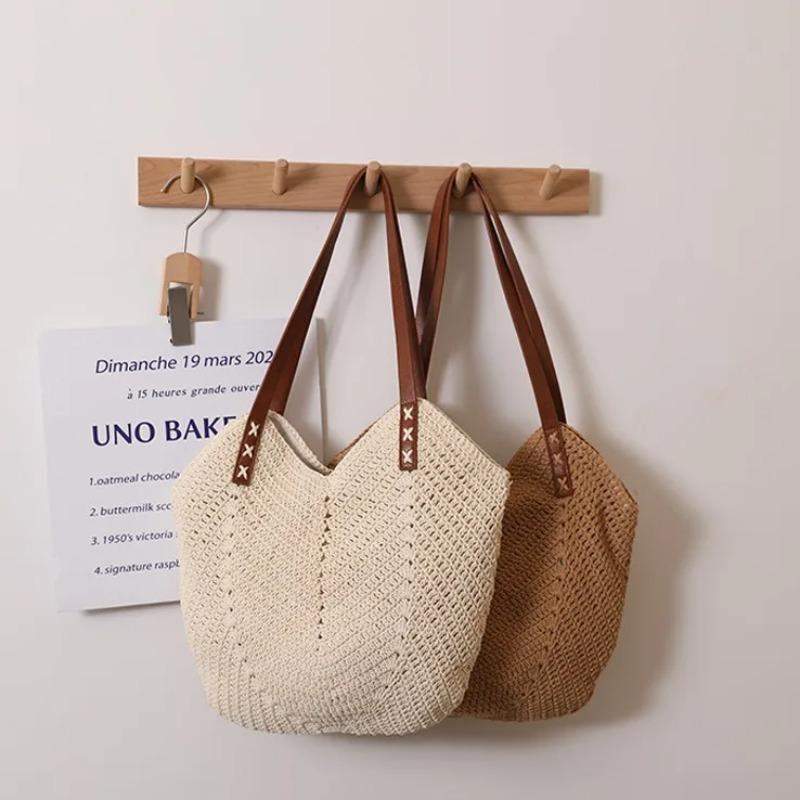 Single Shoulder Cott Thread Woven Bag, Summer Beach Vacati Hand-held Woven Bag, High-quality Grass Woven Tote Bag
