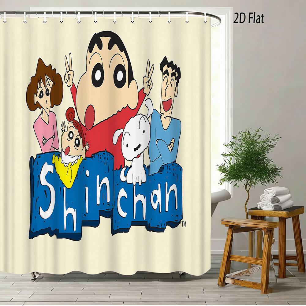 Crayon Shin-Chan Flame Ninja Z Themed 2D Print Waterproof Shower Curtain, Flying Shin-Chan With Family & Shiro Colorful Cityscap