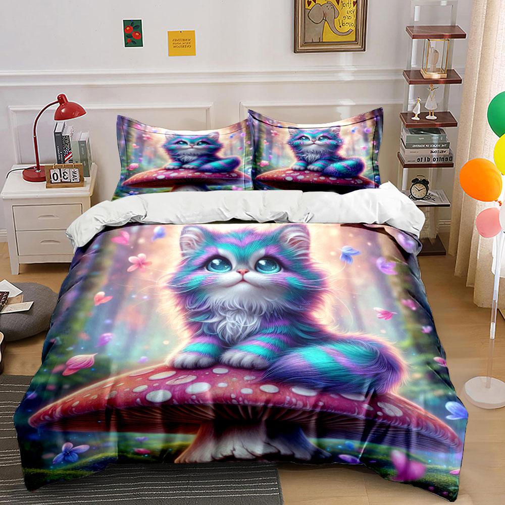 Colorful Cat On Mushroom In Dreamy Forest Duvet Cover Set With 3D Printing Design Soft Polyester Bedding Set All-Season Comfort