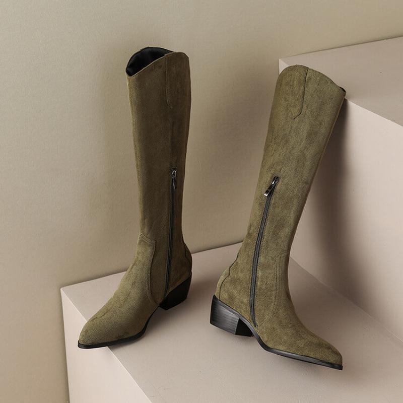 Autumn and winter women's suede fashion boots, black pointed zipper high-heeled boots, new square-heeled leather boots, Korean version of high boots