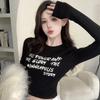 Ladies Autumn Fasshion Long Sleeve Crew Neck Slim Fit Basic Letter Printed Pullover T Shirt Crop Top for Layering