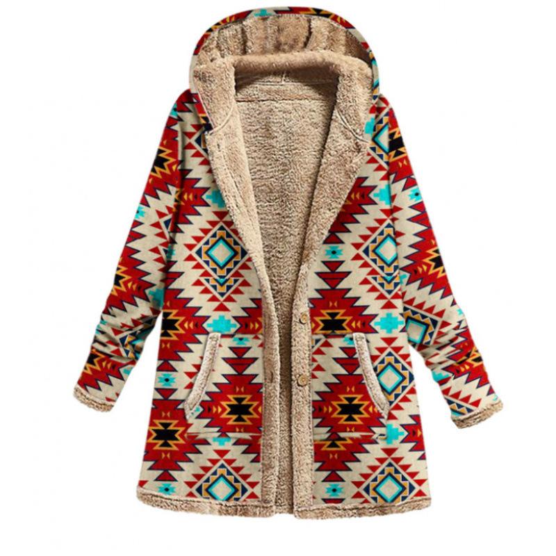Jacket series casual printing cotton and linen printing plush inner hooded zipper women's clothing new