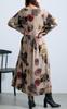 Gold Japan Plus Size Long Dress with Vintage Long and Gathered Perfect for and Size Brown Women's Print, Sleeves, A-Line, Flared, Design, Fall,