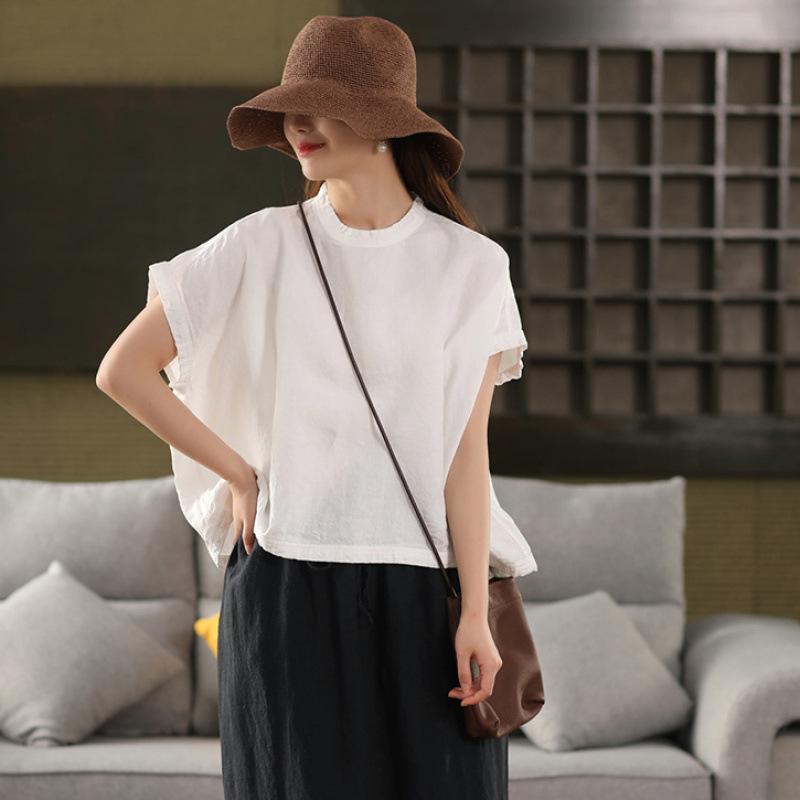 Damen Plus Size Weißes Leinen Sommerhemd - Japanischer Retro, Einfacher Luxus