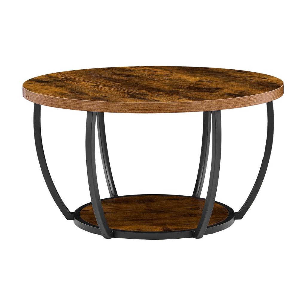 Coffee Table, Modern Round Coffee Table, 2 Tiers Wooden Circle Center Desk with Open Storage, Minimalist Sturdy Metal Frame Accent End Desk for Living