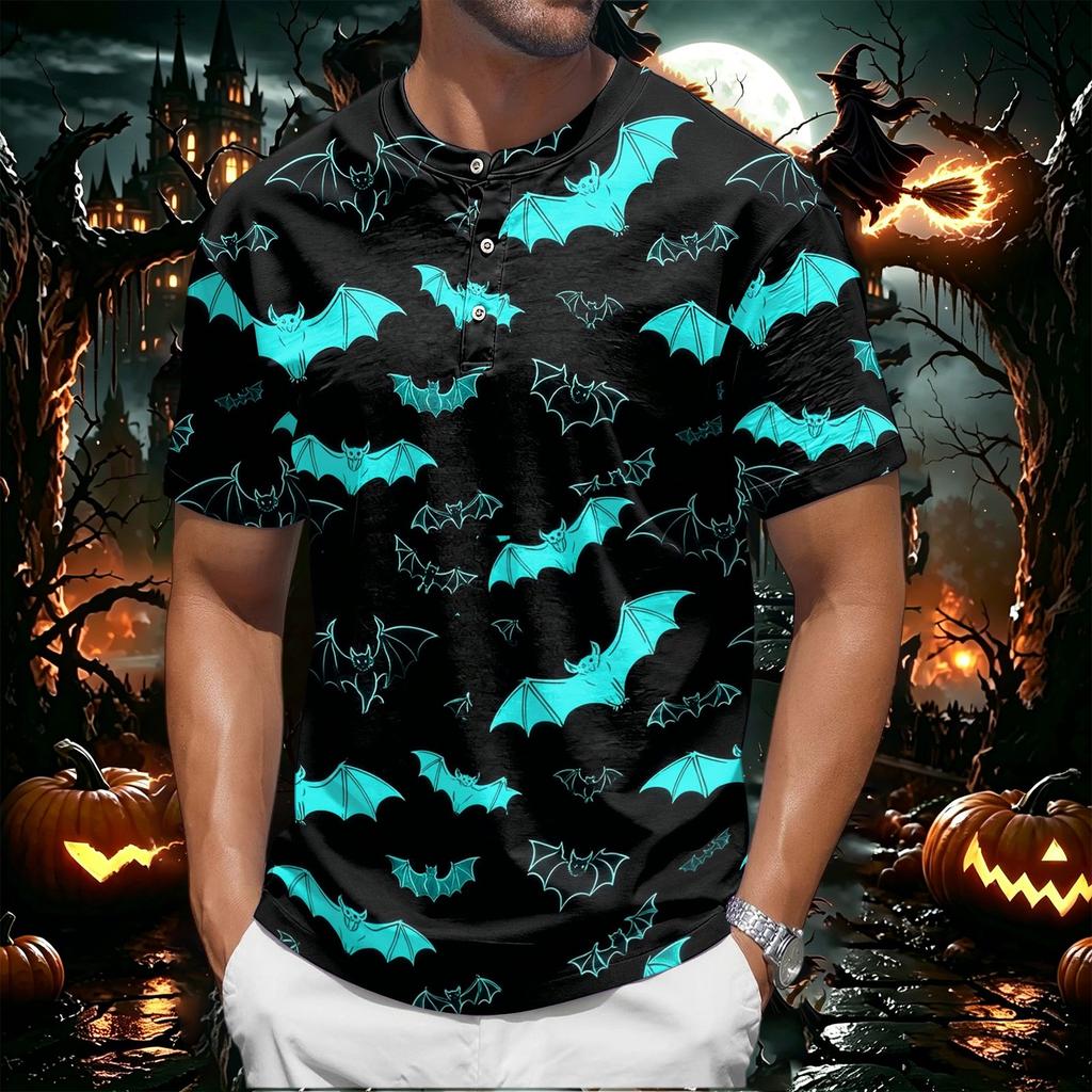 Men's Halloween Short Sleeve Henley Shirt Pumpkin and Bat Print Casual Lightweight Breathable Top for Seasonal Wear