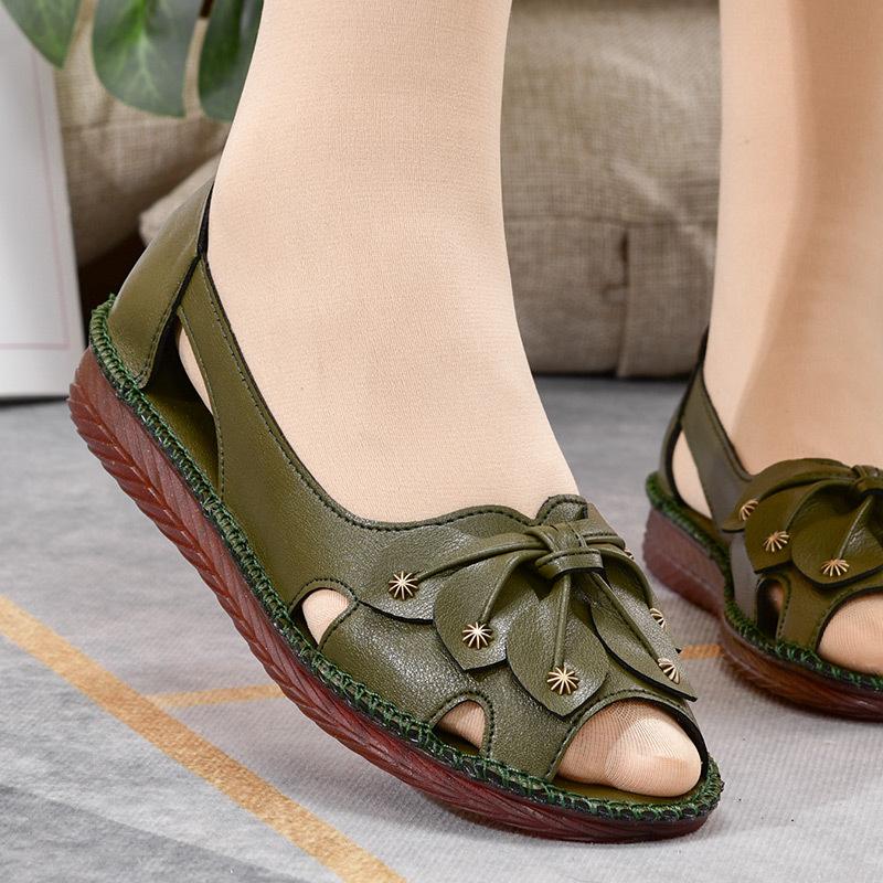 Summer Sandals Women's Mother Shoes Leather Soft Bottom Non-slip Fish Mouth Comfortable Large Size Hole Shoes Hollow Women's Shoes