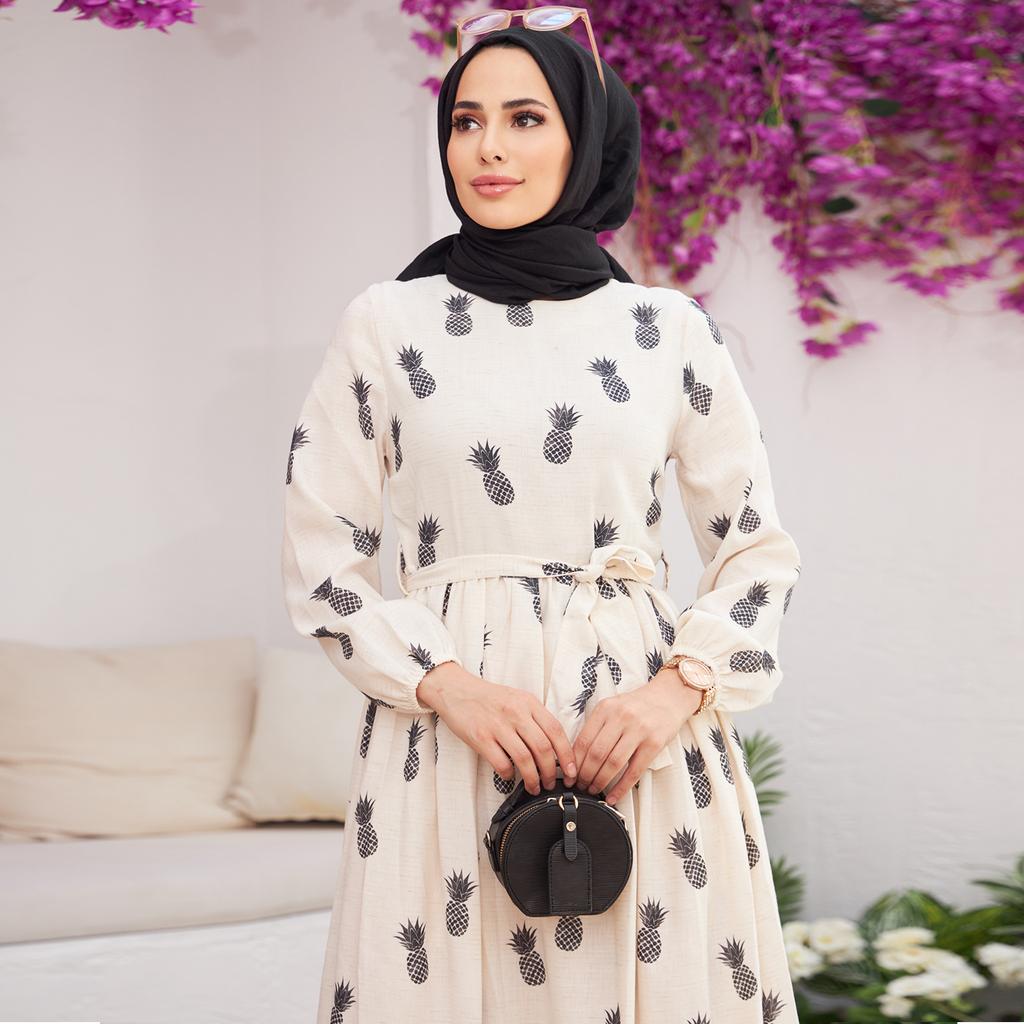 Ananas Wzorzyste Kobiety Sukienka Opasana Połowa Podszyta Zapinana Na Zamek Islamski Muzułmański Nowy Sezon Letni Model Tkanina Lniana Made in Turcji