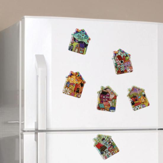 Vintage House Magnet Refrigerator Magnet, Colorful Fairy Tale Town Fridge Magnetic Kitchen Decoration Accessories Artistic Illustration