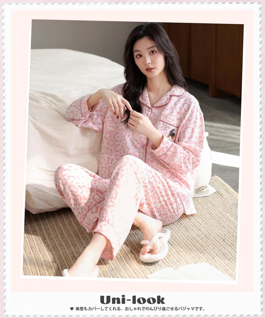 PHOLEEY Pajama Set with Long Loungewear for Spring and Cute Pattern Women's 2-Piece Bra, Polyester, Open-Front, Sleeves, Autumn,