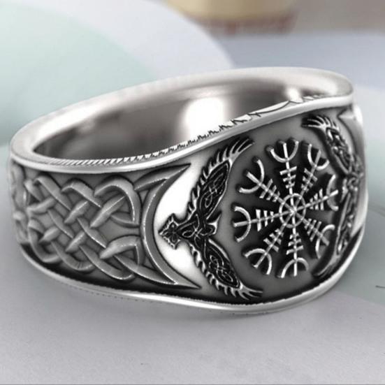 Men Ring Wide Silver Color Alloy Eagle Compass Carved Finger Ring Jewelry Accessories