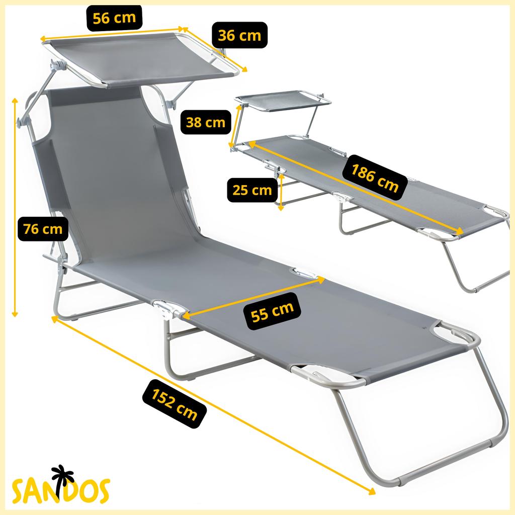 Folding Garden Beach Lounger with Roof, Pool Sunbathing Bed, Gray