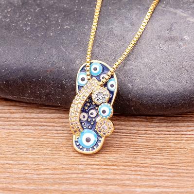 

Nidin Mirco Pave CZ Rhinestone Enamel Slipper Pendant For Women Blue Evil Eye Necklace Chain Gold Plated Party Summer Jewelry