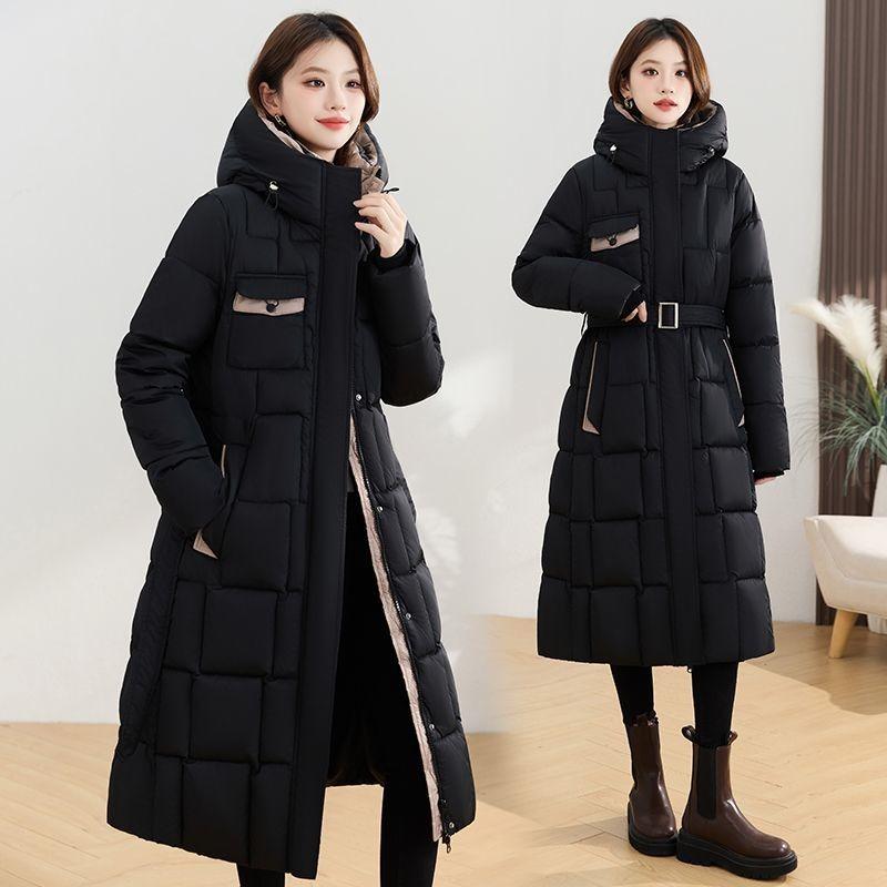 Thickened Winter Hooded Long Padded Jacket Slim Waist Design Warm Coat for Ladies