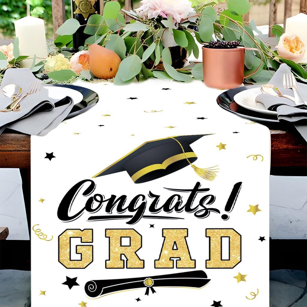 Graduation Table Runner Graduation Decorations 2026 Black Gold Polyester Graduation Table Cloth Prom Grad Party Table Decoration