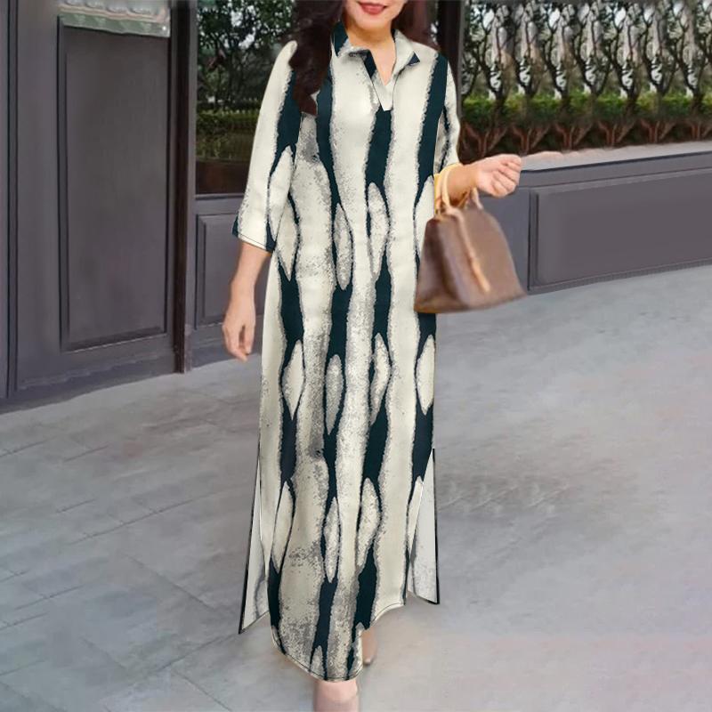 ZANZEA Women Print Casual Turn Down Collar Loose 3/4 Sleeve Long Dress