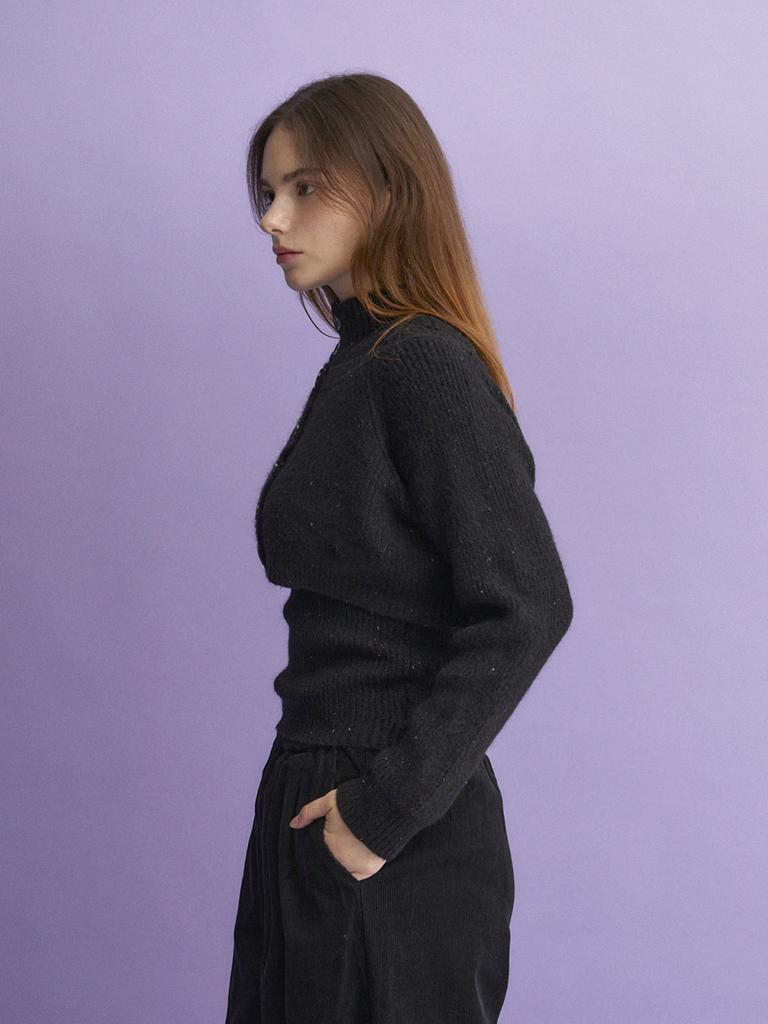 KOOLKITTEN High-Neck Layered Pullover Button Knit Set (Black)