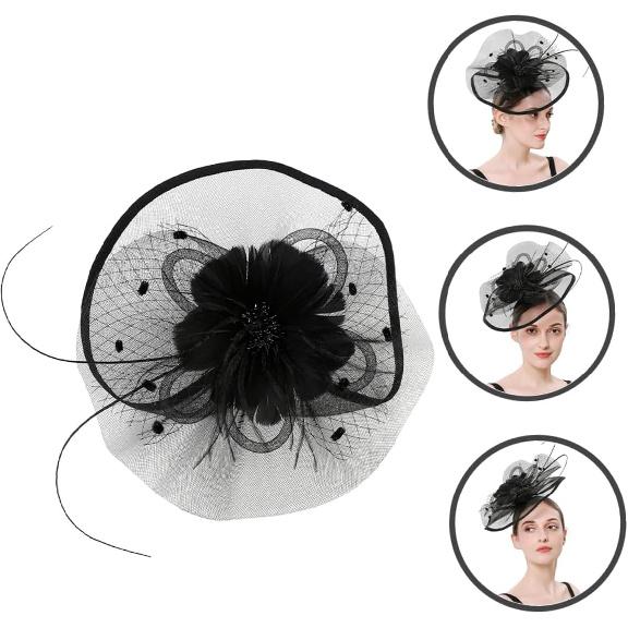 Ipetboom Women’s 1920s Decorative Headpiece with Veil Plume Hair Clip and Headband, Black Tea Party Hat for Wedding Cocktail and Special Occasion