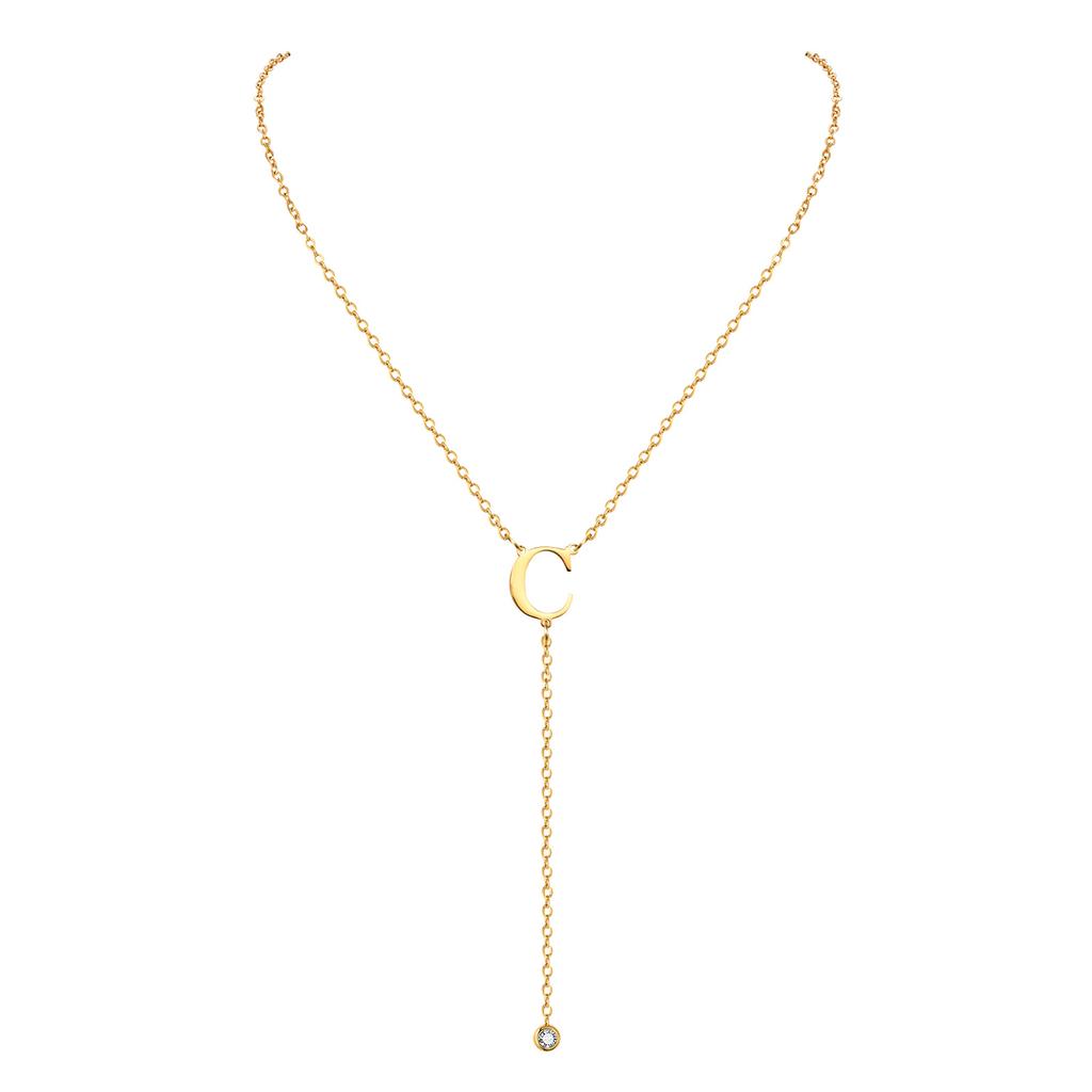Lariat Initial Necklaces Women, Stainless Steel Long Chain, A- Z Letter With Zirconia Pendant Drop Neckalce, Y-shaped Jewelry