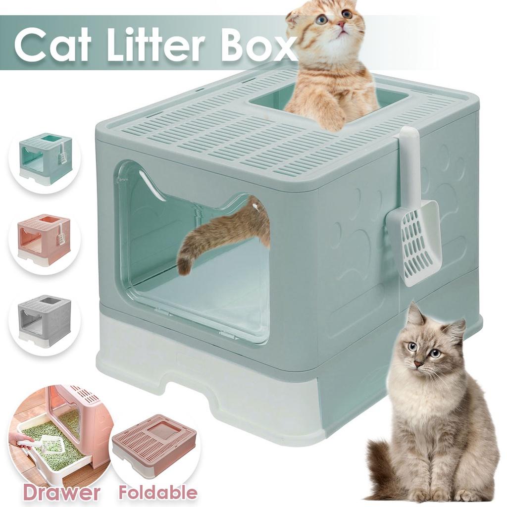 Pink/Grey/Blue Folding Cat Litter Box Enclosed Large Kitty Toilet Litter Scoop With shovel Foldable Tray