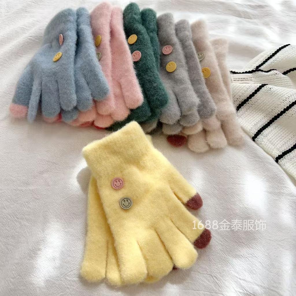 7-12 Year Old Children Button Five Fingers Warm Korean Version Smiley Face Baby Wool Boys and Girls Students Cold-proof Knitted Gloves