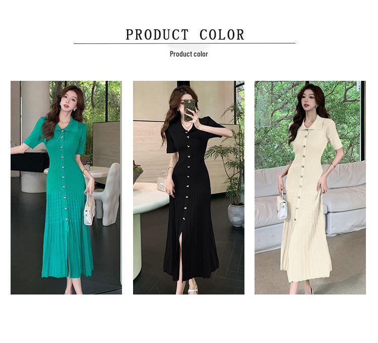 2026 Summer Korean Style Women's Polo Collar Short Sleeve Wool Knit Dress, Waist-Cinching, Slimming Long Dress.