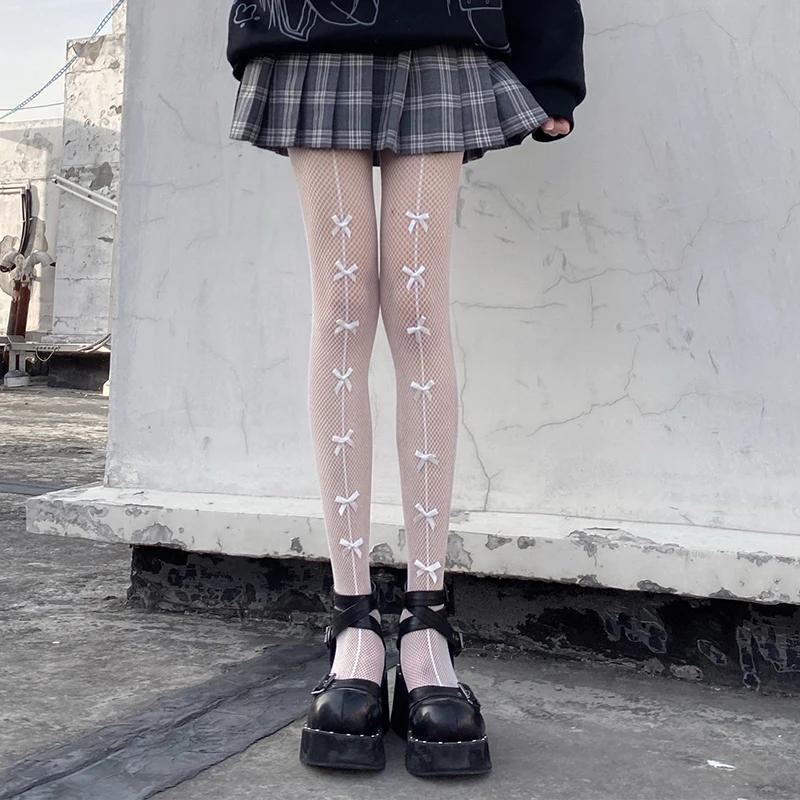 Japanese Style Sexy Black Tights Lolita Girls Bowknot Mesh Fishnet Pantyhose Thigh High Stockings Lingerie Nightclub Tights