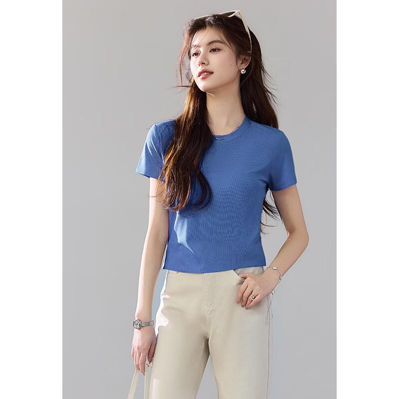 VICTORIA&VERA Women's Ribbed High-Stretch Mulberry Silk Short Sleeve T-Shirt