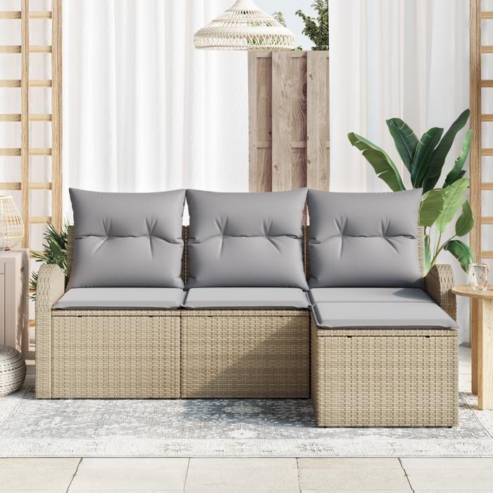 Ensemble de Canapé de Jardin 4 Pièces avec Oreillers Beige Rattan Poly, Canapé de Jardin 2 Places avec Rangement &amp; Oreillers 3354659