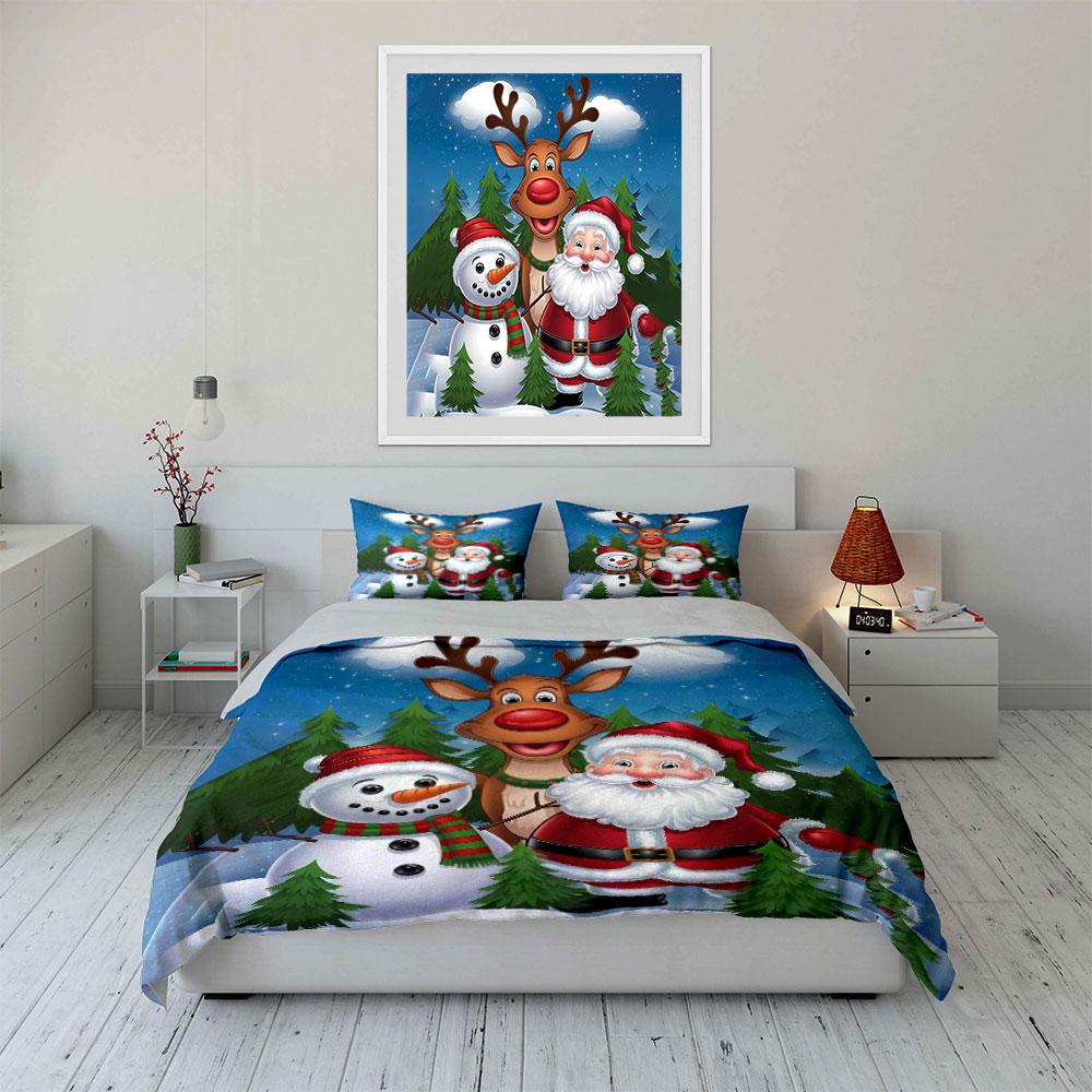 Weihnachtsmann, Schneemann und Rentier Bettwäsche Bettbezug Set Bettbezug Kissenbezüge  (1*Bettbezug 2*Kissenbezüge, ohne Bettdecke)