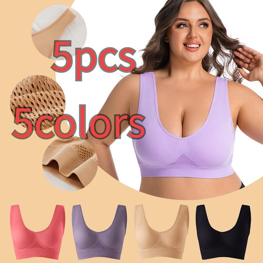 5 Pcs Plus Size Wire-Free Back-Supported Sports Bra for Running and Fitness - Breathable Mesh Cutout