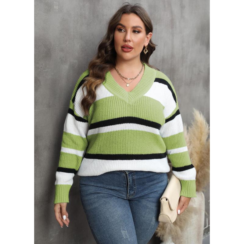 Women's Pullover Sweater Plus Size Women's Fashion European and American Style Autumn Winter New V-neck Color Block Fashion Sweater