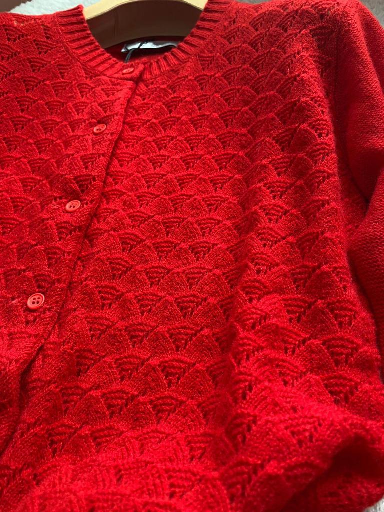 Limited Edition 100% Cashmere Red Round Neck Cardigan for Early Spring